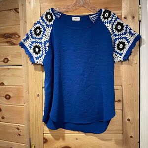 Sapphire Women's Blue Blouse with Crochet Sleeves XL